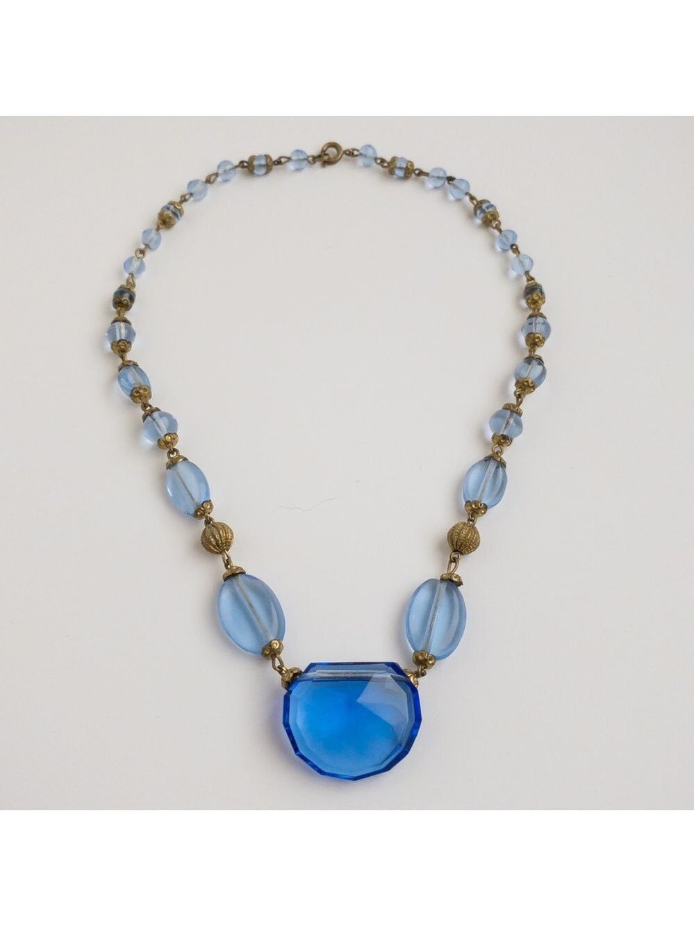 Vintage Art Deco Choker Necklace Blue Glass Crystal Brass Filigree 15"